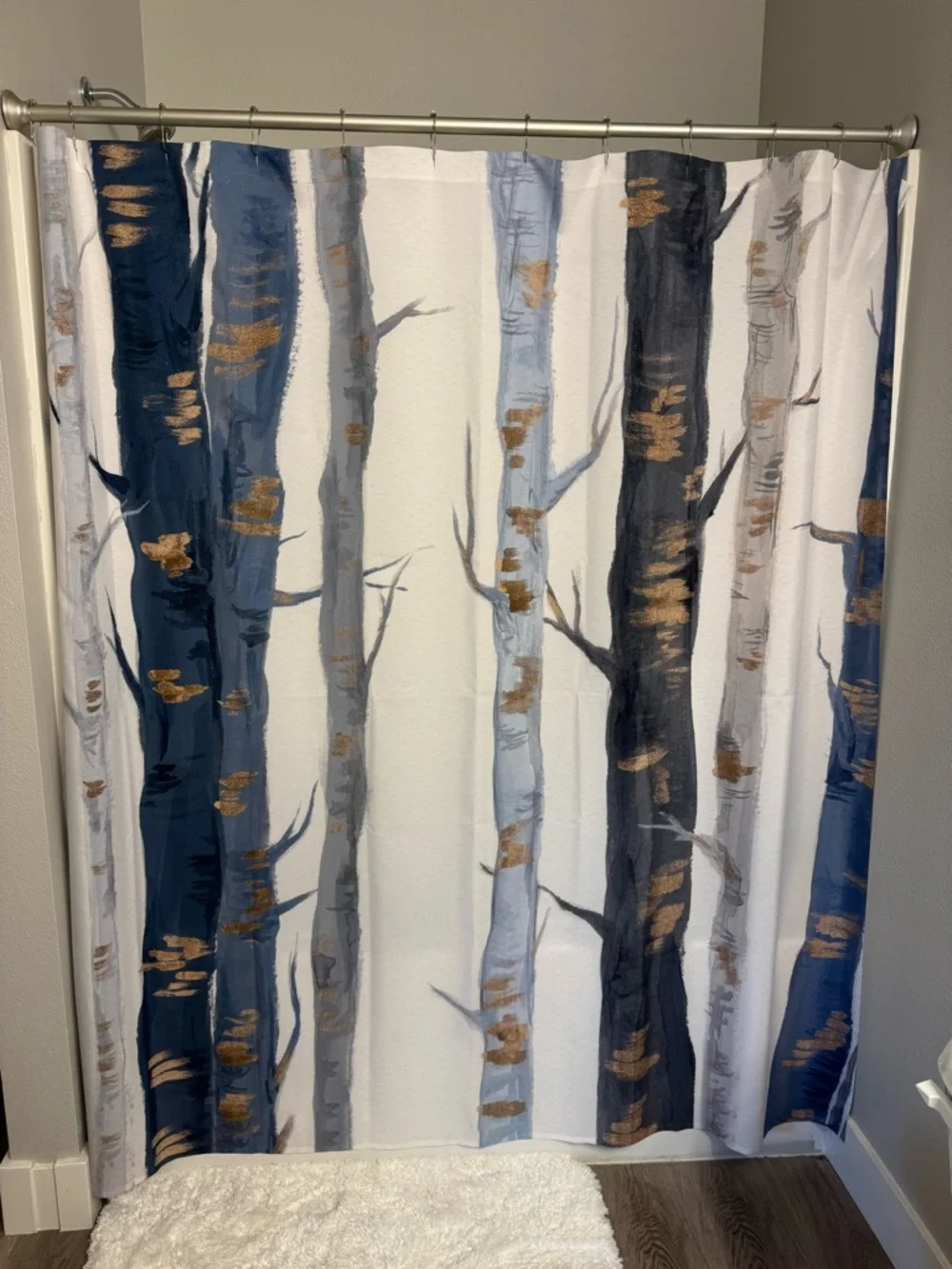 Laurel Home Designer Birch Forest Shower Curtain in Navy, Gray & Gold